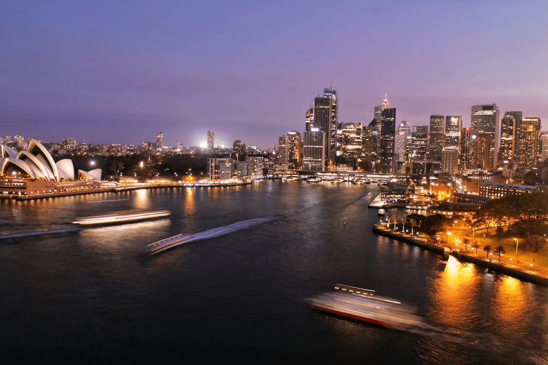 Sydney Harbour with Bridge and city skyline at sunset